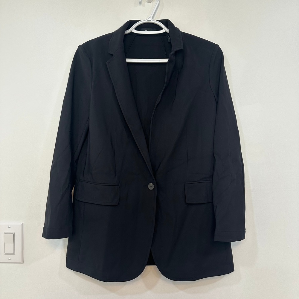 Theory Womens Blazer Jacket XS Black Stretch Crepe Business Career Single Button